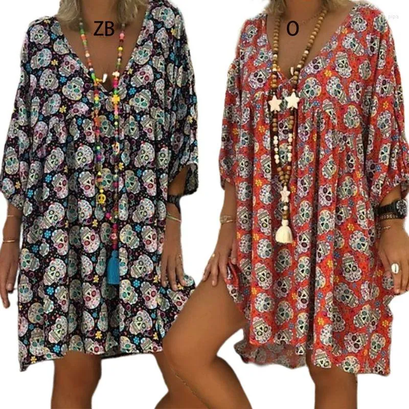 Polos femininos Mulheres plus size decote em V 3/4 mangas soltas de camiseta desarrumada Floween Skull Floral Floral Casual Party Sundress Sundress S-5xl