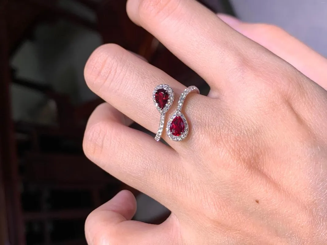 Clusterringen Natuurlijke Mozambique Ruby Double Stones Ring 18K White Gold Diamond Fine Jewelry