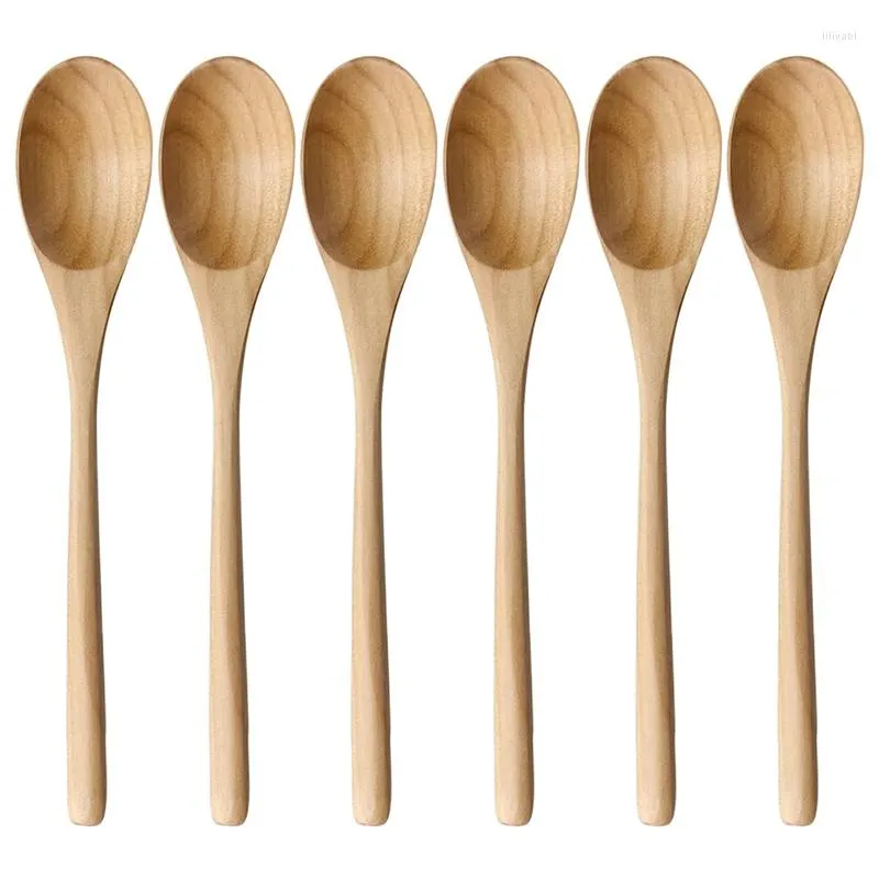 Dinnerware Sets Spoons Wooden 6 Pieces Spoon Set For Cooking Mixing Stirring Honey Tea Soda Dessert Coconut Bowl Kitchen