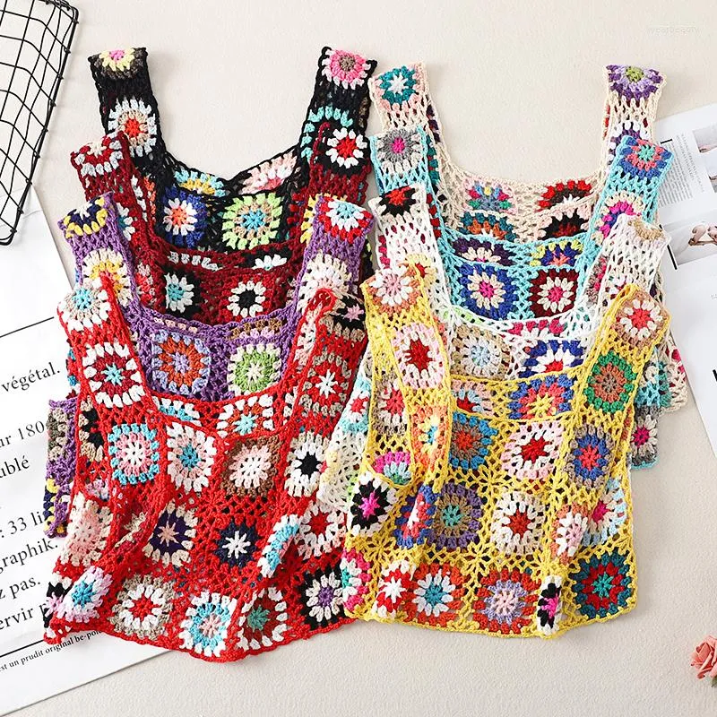 Women's Tanks Boho Retro Handmade Crochet Tops Beach Holiday Wear Camis Mujer Summer Hollow Out Knitted Tank Top Knitwear Women Clothing