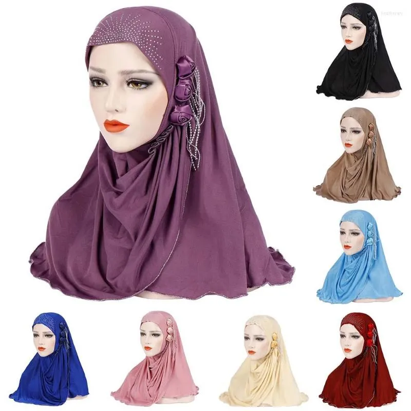 Ropa étnica Flores Borla Decoración Suave Headwrap Hijabs Color Sólido Musulmán Mujeres Jersey Turbante Pañuelo Arruga Asistente Islámico