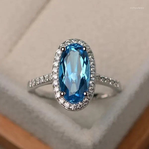 Anneaux De Mariage Exquis Argent Plaqué Bande Ovale Coupe Bleu Zircon Cocktail Bague Femme Bijoux De Mariée Mode Cristal Cadeaux