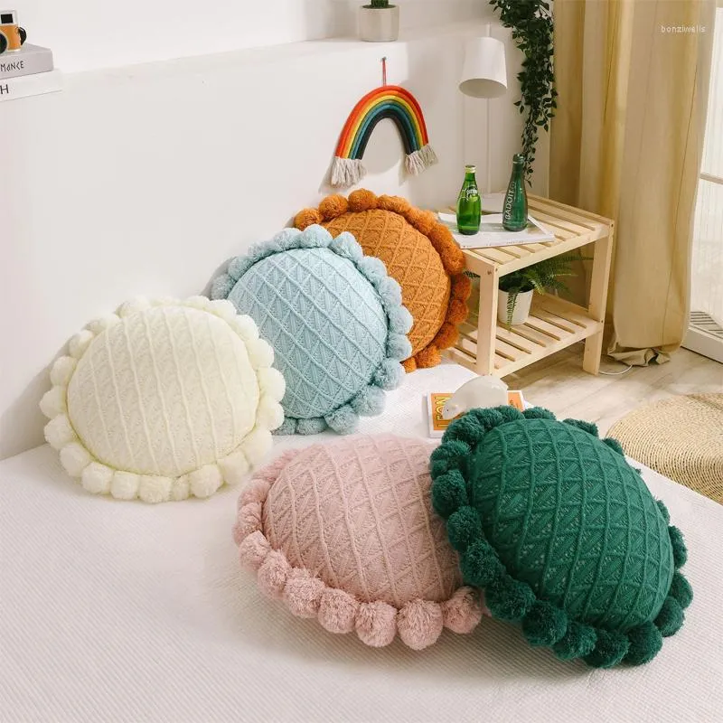 Pillow Nordic Style Futon Home Sofa Seat Yoga Mat Hand Rests Kids Room Decor Throw Tassel Pom Poms Knitted Round