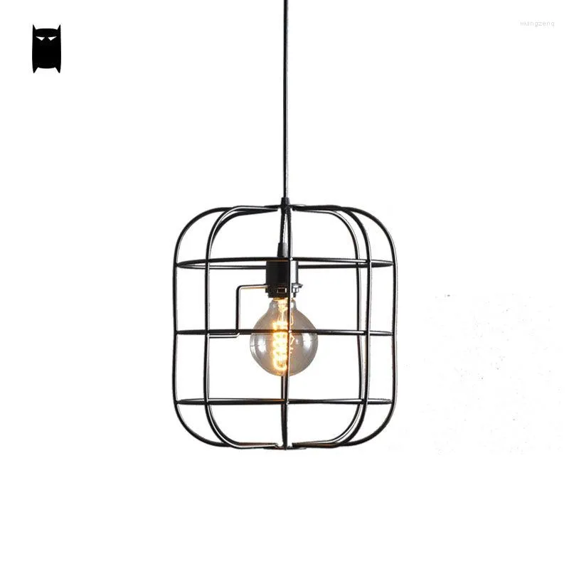 Industrial Wrought Iron Pendant Light With Black Iron Cage Light Cord