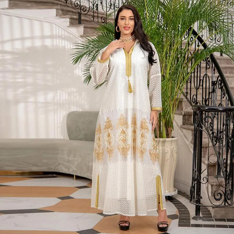 ملابس عرقية عيد العدو 2023 المسلمين مقنعين Abaya Mesh Gold Thread Embroidery Women Morocco Dubai Saudi Maxi Dress Caftan White