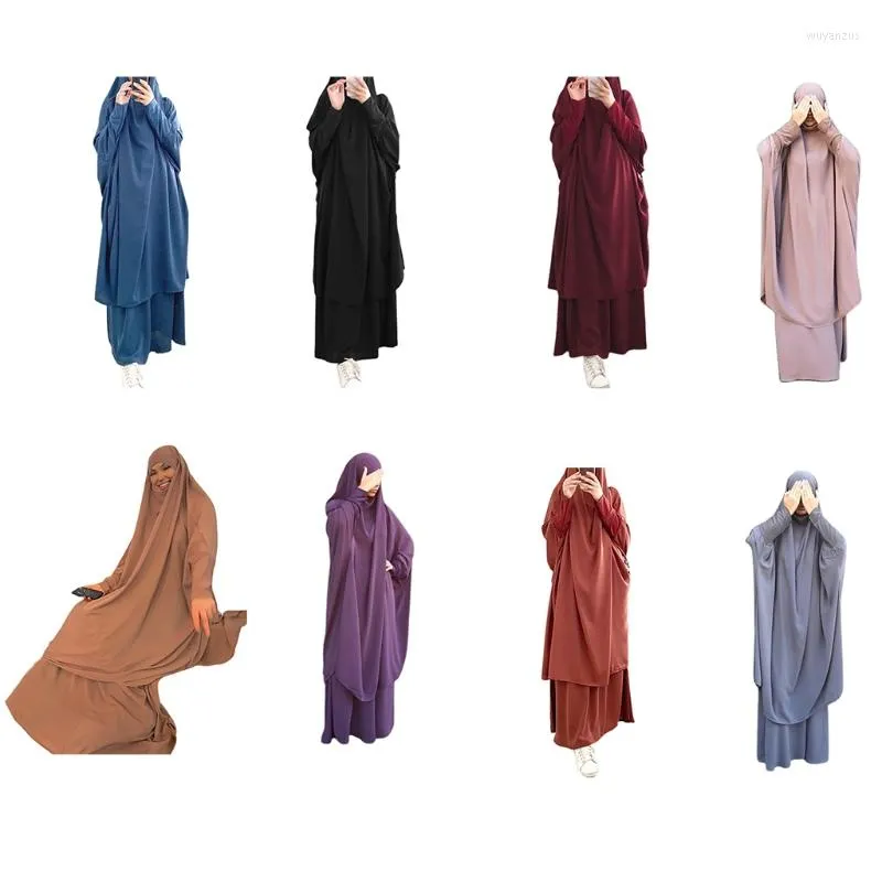Etnik Giyim Kadınları 2 Parça Müslüman Dua Elbise Uzun Kollu Hijab Eşarp Khimar ve Etek Seti İslami Abaya Tam Uzunluk Elbise Ramazan Eid