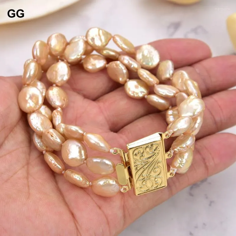 Strand Beaded Strands GuaiGuai Jewelry Natural Pearl Cultured 3Rows 12-13mm Champagne Coin BraceletBeaded Rodn22