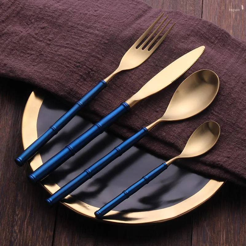Flatware Sets 24pieces Gold Matte Vintage Set 18/10 Stainless Steel Dinner Knife Fork Spoon Creative Bamboo Handle Luxury Cutlery