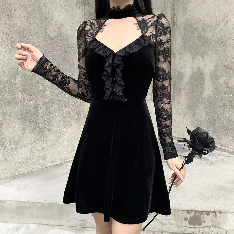 Casual Dresses 2023 Sexig Lace Patchwork Long Sleeve Club Mini Dress A-Line Y2k Front Hollow Out Neck Vintage Party Punk Gothic