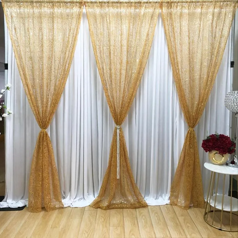 Decorazione per feste 2023 Giugno Arrivo 3m Hx 3mW Bianco seta oro paillettes maglia tenda drappo sullo sfondo di nozze