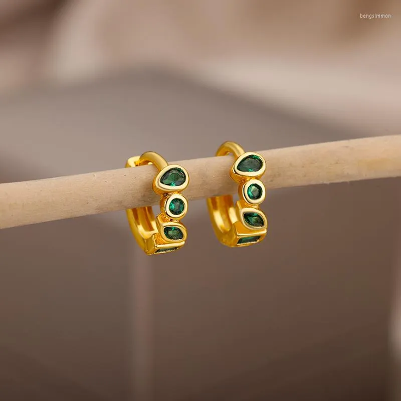Hoop örhängen söt liten guldfärg grön zirkon för kvinnor rostfritt stål runda cirkel mode minimalistiska smycken gåva