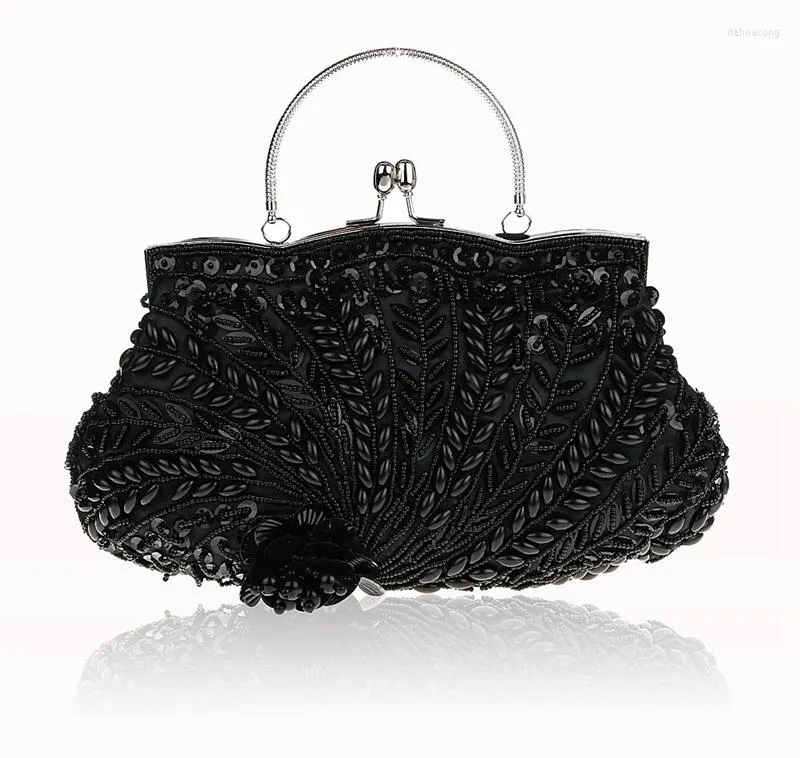 Evening Bags Fashion Black Ladies' Beading Beaded Banquet Handbag Clutch Party Bridal Bag With Shoulder Chain Makeup 03607