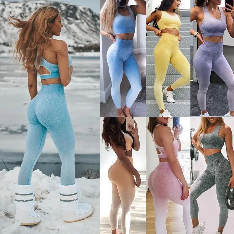 Aktive Sets Nahtlose Yoga Anzug Sport-BH Hosen Gym Sport Workout Laufen Fitness Leggings Outwear Frauen Gradienten Training Set