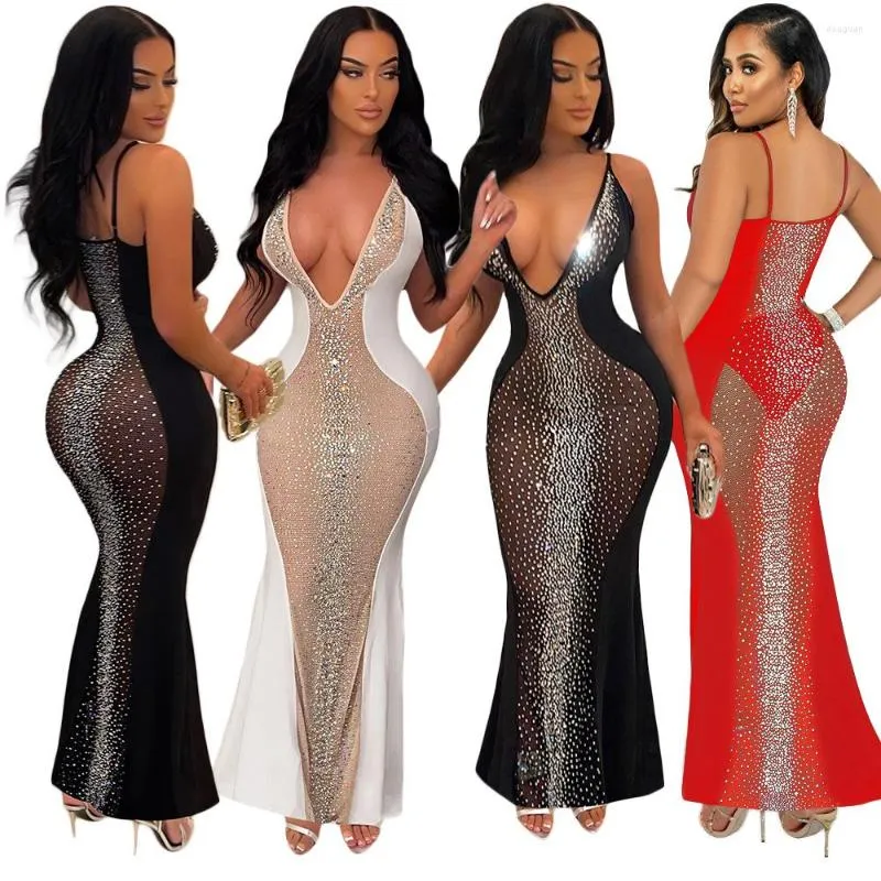 Casual Kleider Luxus Weihnachten Party Kleid Sexy Kristalle Tiefem V-ausschnitt Ärmellos Durchsichtig Mesh Nachtclub Frauen Geburtstag Kleid Lyjenny