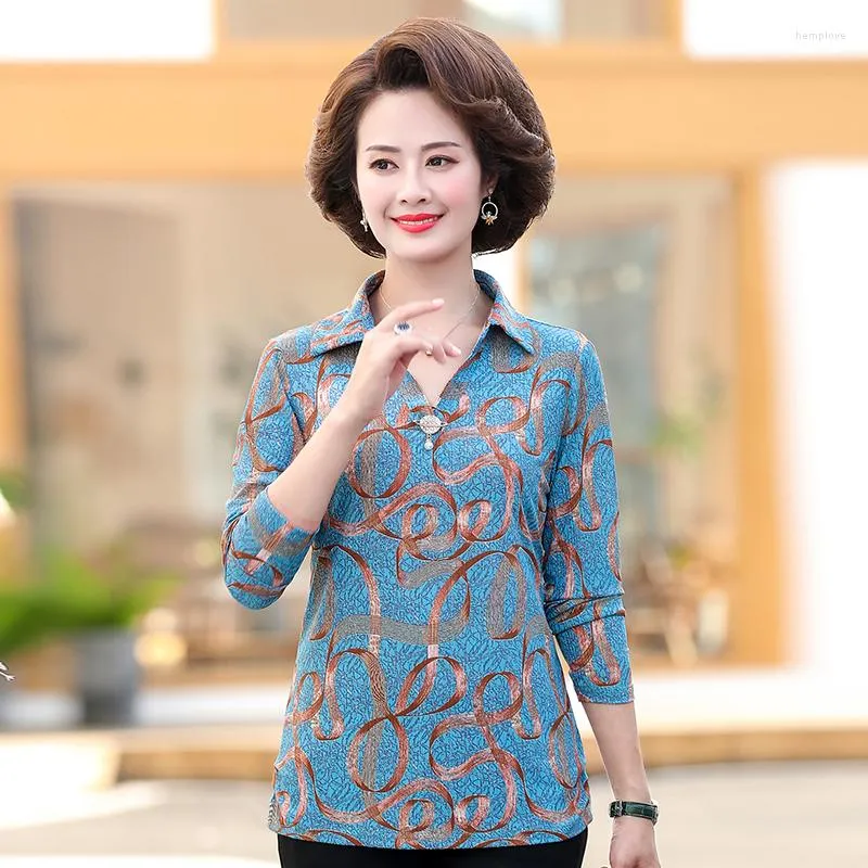 Kvinnors T-skjortor Autumn Spring Korean Fashion Women Slim Turn-Down Neck Long Sleeve T-shirt Tee Femme Middle Age Mother Clothing