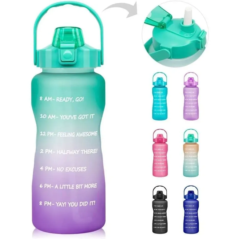 Bouteille d'eau de 64oz 2000ML avec marqueur de temps, paille sans BPA, plastique givré anti-fuite, 2L, grande pour Fitness, salle de sport en plein air, bb0124