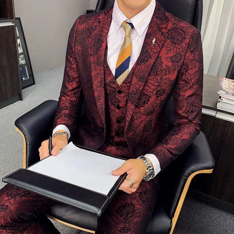 Мужские костюмы Blazers Ternos Masculinos Slim Fit Vintage Mens Flowers Printed Men Set Set Fancy Costume Homme Taille 4xl