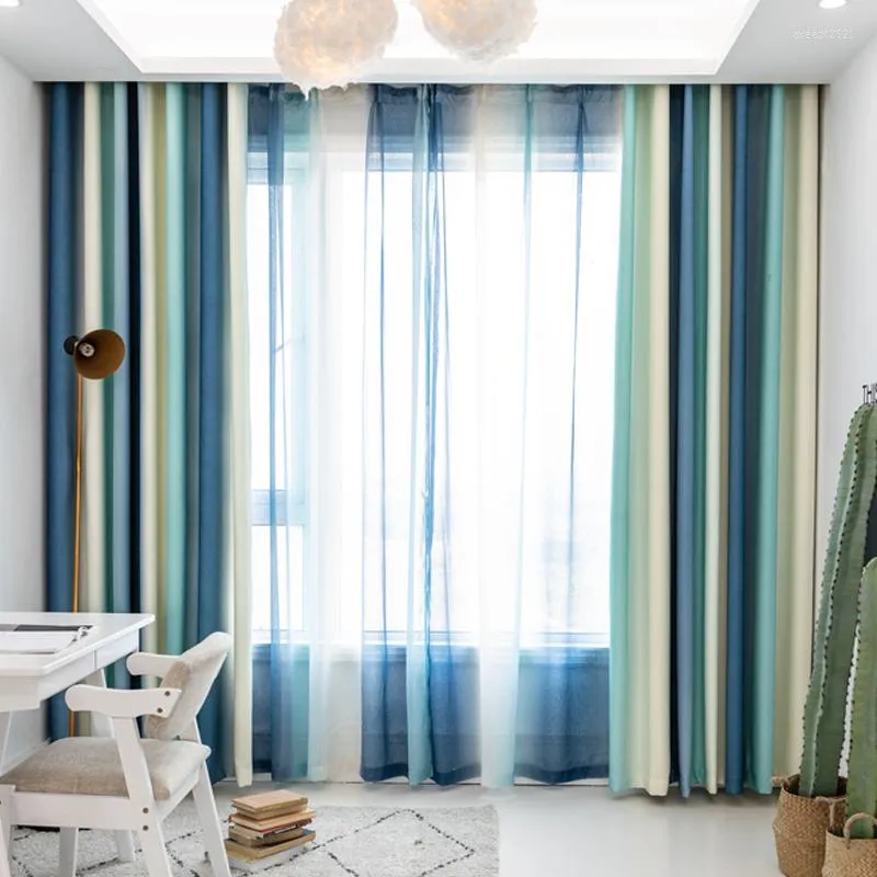 Vorhang, blau gestreift, Verdunkelungsvorhänge für Wohnzimmer, braun, mediterraner Tüll, Schlafzimmer, Fenster, luxuriöser Organza, transparente Vorhänge