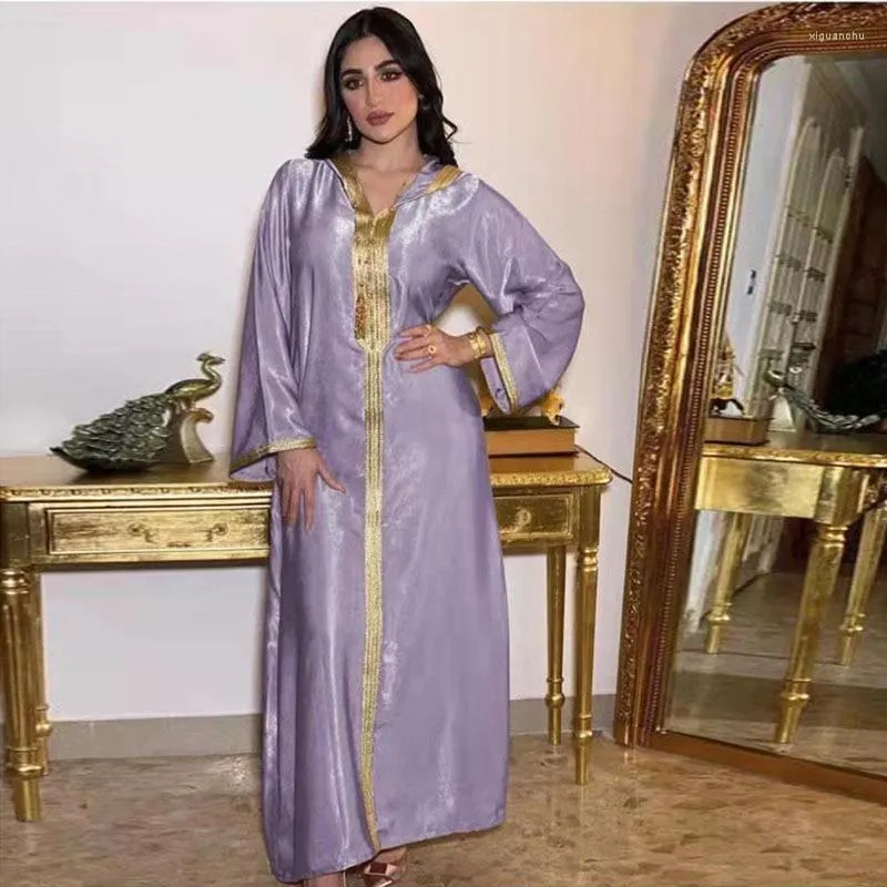 Vêtements ethniques Dubaï Abaya Maxi Robe Jalabiya Ruban à capuche Couleur Champagne Islam Musulman Femmes Caftan Marocain Arabe Turquie Robe Africaine