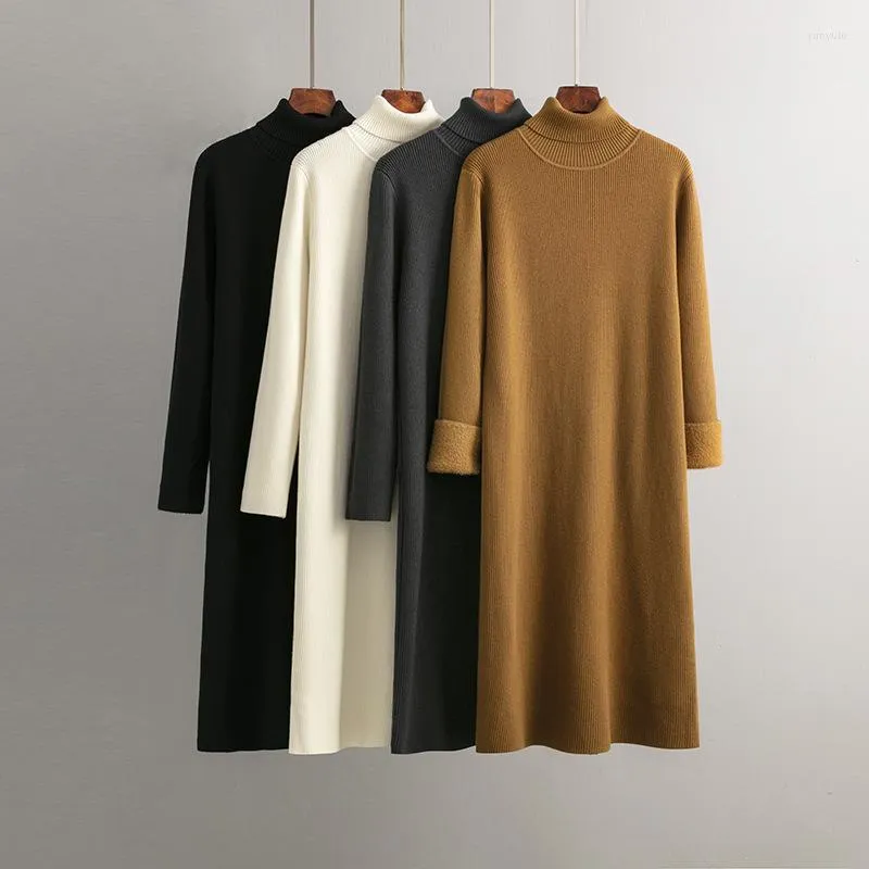Casual Dresses Turtleneck Autumn Winter Warm Women Sweater Dress Thick With Velvets Lady Pullover Midi Knit