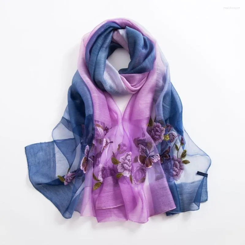 Halsdukar Fashion Silk Scarf Women Spring Autumn Wild Color Embroidery Rose Farterfly Shawls and Wraps Female Winter Wool Long Long