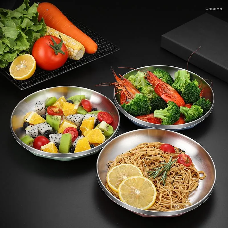 Plates 20/22/24CM Stainless Steel Round Dinner Plate Thickened Anti-Scalding Restaurant Tableware Dumpling Tray