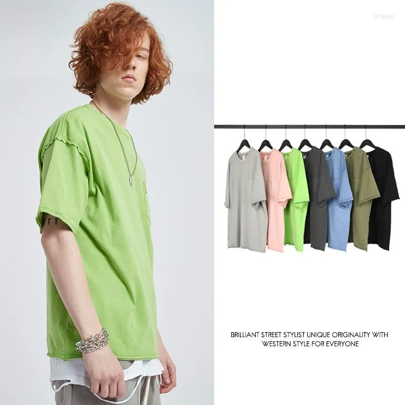 Heren t Shirts High Street Wash Retro Oversize Losse Tide T-shirt Solid Color Stitching Korte Mouw Men Mode