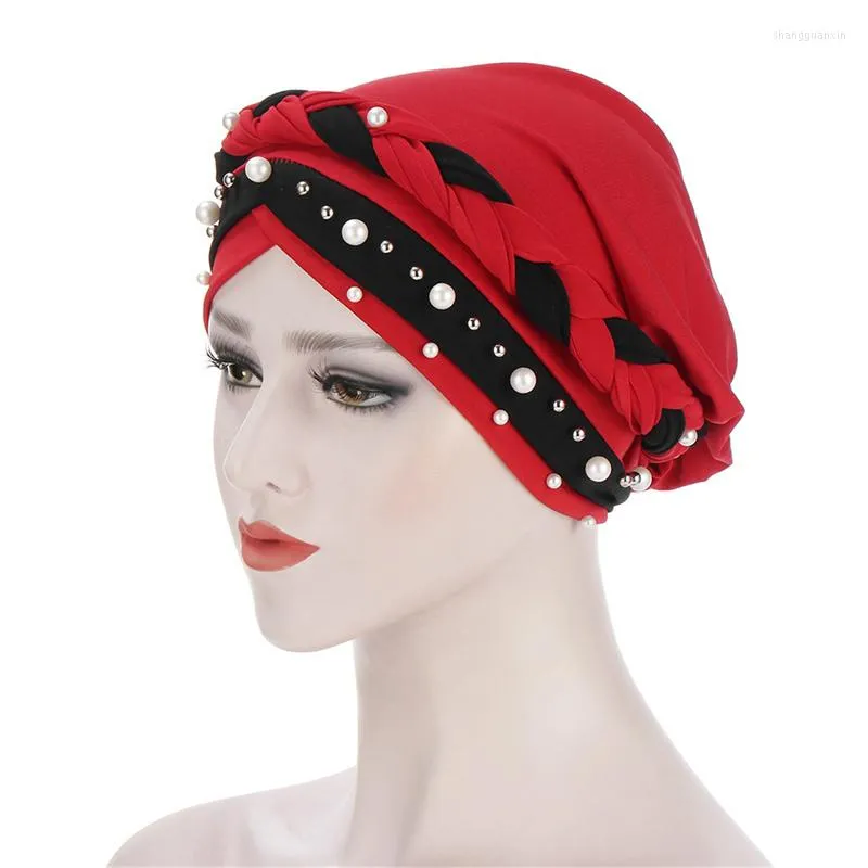 Berets Muslim Women Turban Cap Fashion Double Nail Pearl Beaded Elastic Headscarf