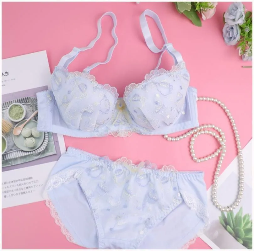 Conjuntos de sutiãs lindas roupas íntimas coreanas sexy japonesas branco azul calcinhas push up conjunto de sutiã rendado bordado roupas Kawaii Lingerie Femme 2023