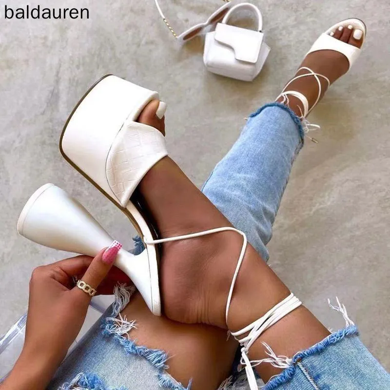 드레스 슈즈 Baldauren Women Sandals 하이힐 오픈 발가락 레이스 업 발목 스트랩 Plarform 파티 큰 크기 42 화이트 웨딩 펌프