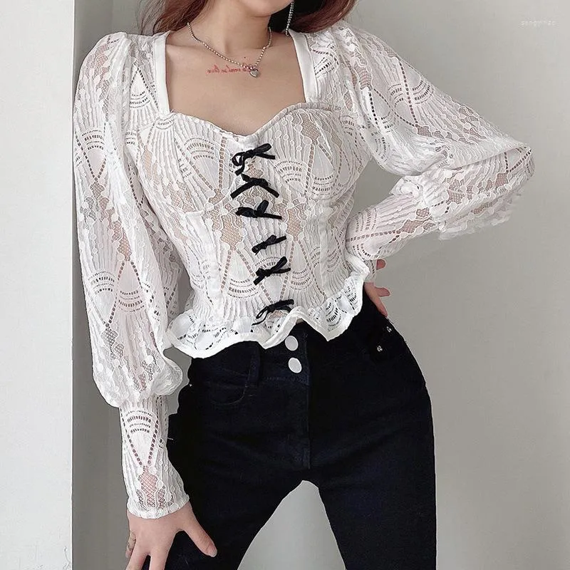 Women's Blouses 2023 Brand Women Fashion Shirt Bowtie Lace-up Back Lantern Sleeve Lace Blouse Ruffles Peplum Tops High Quality Blusa Mujer