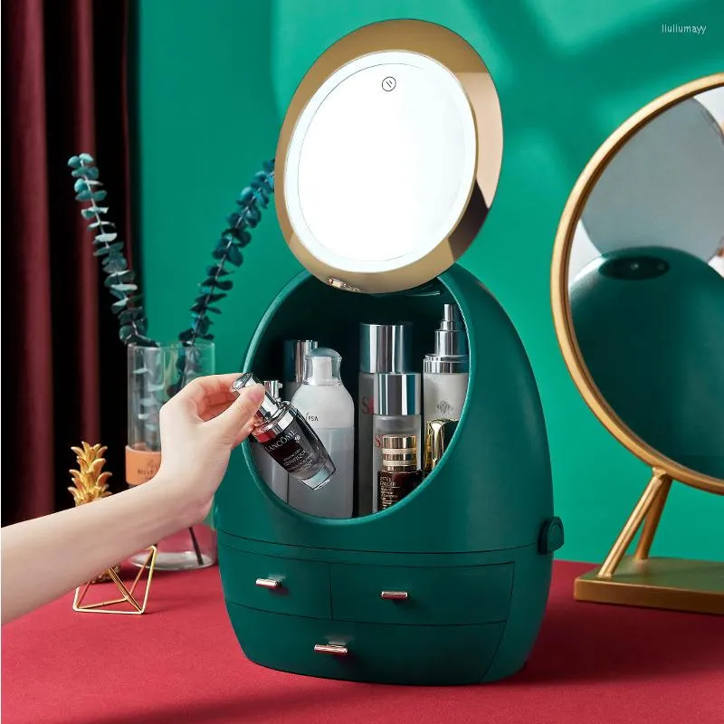 Lagringslådor LED Light Makeup Organizer HD Mirror Cosmetic Box Protable Creative Beauty Case Löstagbart skrivbord Make Up