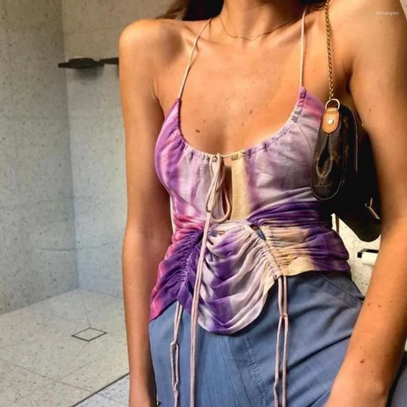 女性の戦車Yuzhexi Tie-Dye Drawstring Ruched Camis Top for Sexy Backless Criss Cross Bandage Bustier Y2K Sling Tops Lilac