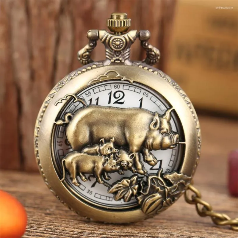 Montres de poche rétro Bronze douze zodiacs thème montre à Quartz pour hommes 3D creux cochon Fob cadeau petit ami goutte