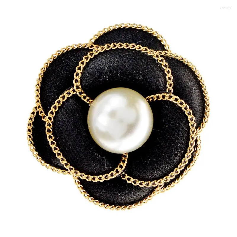 Broches CINDY XIANG ligne d'or camélia perle fleur broche noir et blanc couleur tissu broche bijoux de mode accessoires de mariage