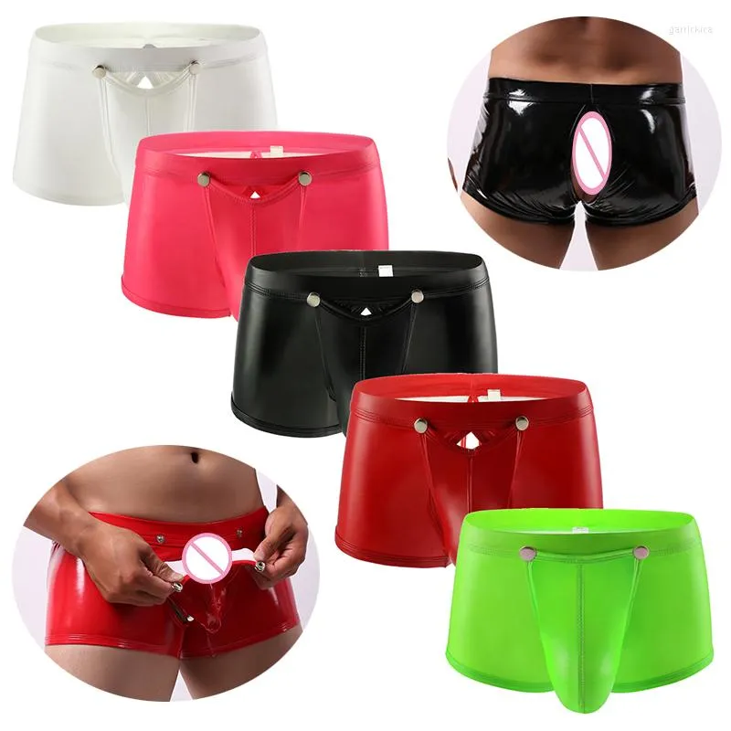 Underpants Mens PU Leather Boxers Underwear Shorts Removable Large Pouch Back Open Male Erotic Bulge Jockstrap Sexy XXL