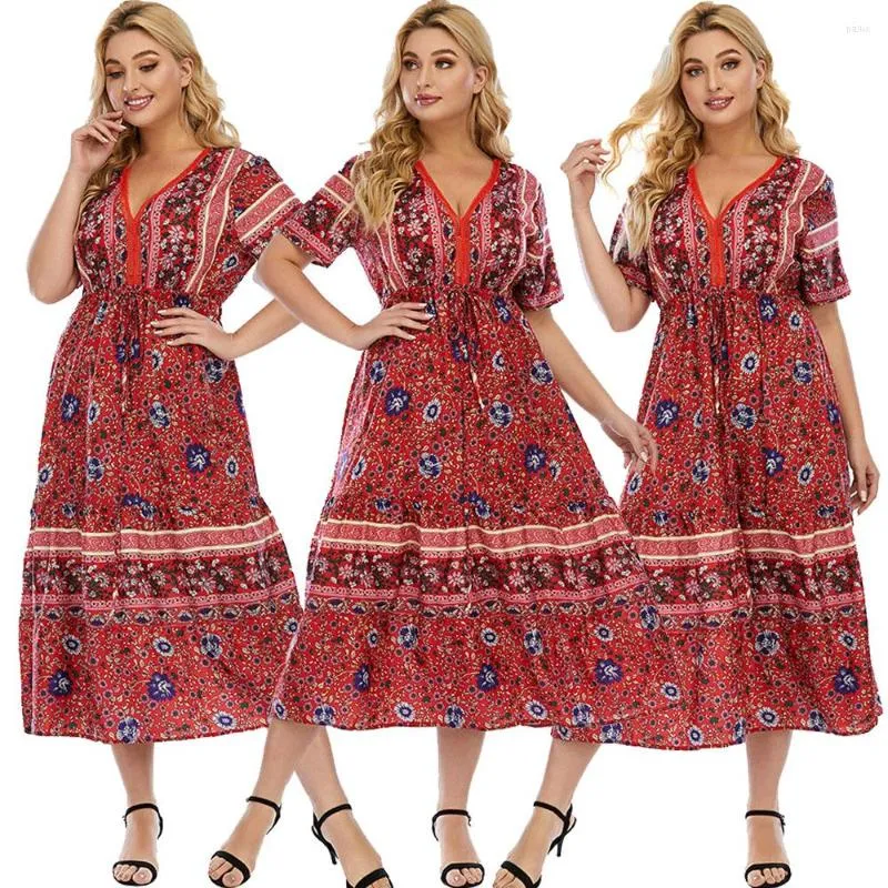 Ubranie etniczne Vintage Kobiety kwiatowy nadruk długa sukienka Bohemian Summer Casual muzułmańskie Abayas Arabski Jilbab Bliski Wschód Dubai Ramadan Turcja