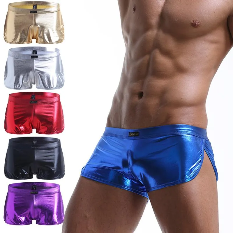 Underpants Men's Underwear Low Waist Imitation Leather Sexy Patent U Convex Pocket Boxer Shorts TemptationUnderpants