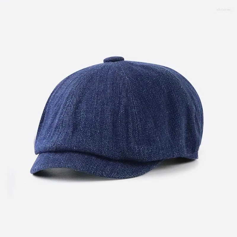 Bérets printemps et automne Denim lavage chapeau octogonal hommes femmes Style britannique casquette en papier hommes femme béret 55-59cmbérets Oliv22