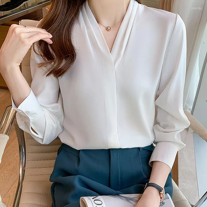 女性用ブラウス2023 Blusas Elegantes de Mujer Autumn Solid Simple White Long Sleeve Shirt Women Tops and Female Top Drop2178