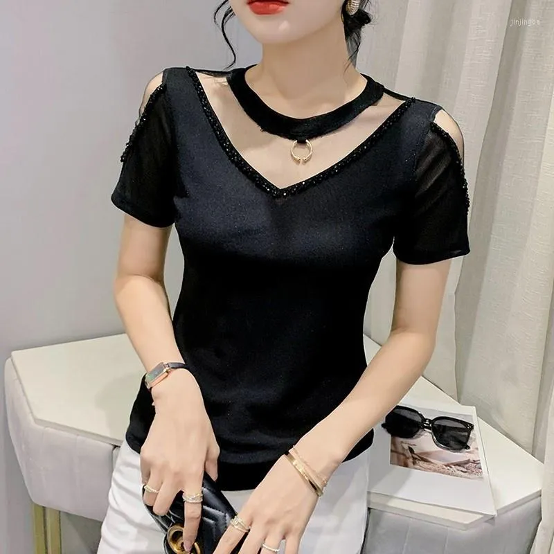 Women's T Shirts Mesh Perspective Sexy Short Sleeve Shirt Women Summer Tops Thin Femme Diamonds O-neck Streetwear Tshirt