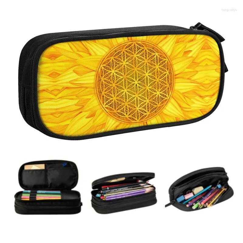 Bolsas de cosméticos Flor da vida Caso de lápis coreano de girassol menina de grande capacidade Mandala