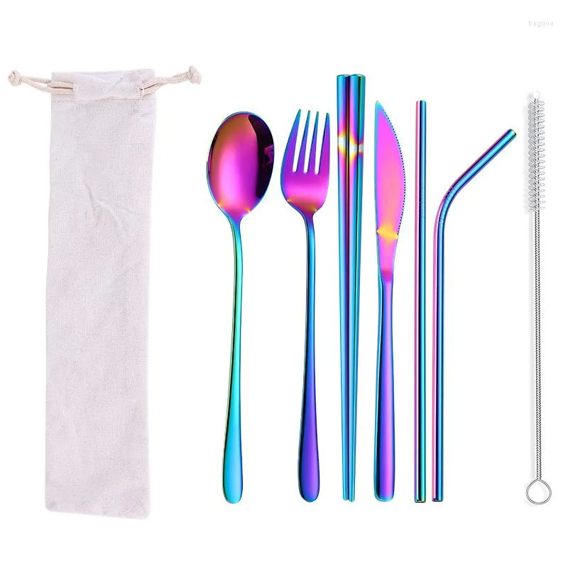 Dinnerware Sets 6pcs Set Stainless Steel Cutlery Spoon Chopsticks Straw Brush Outdoor Travel Convenient Tableware With Linen Bag