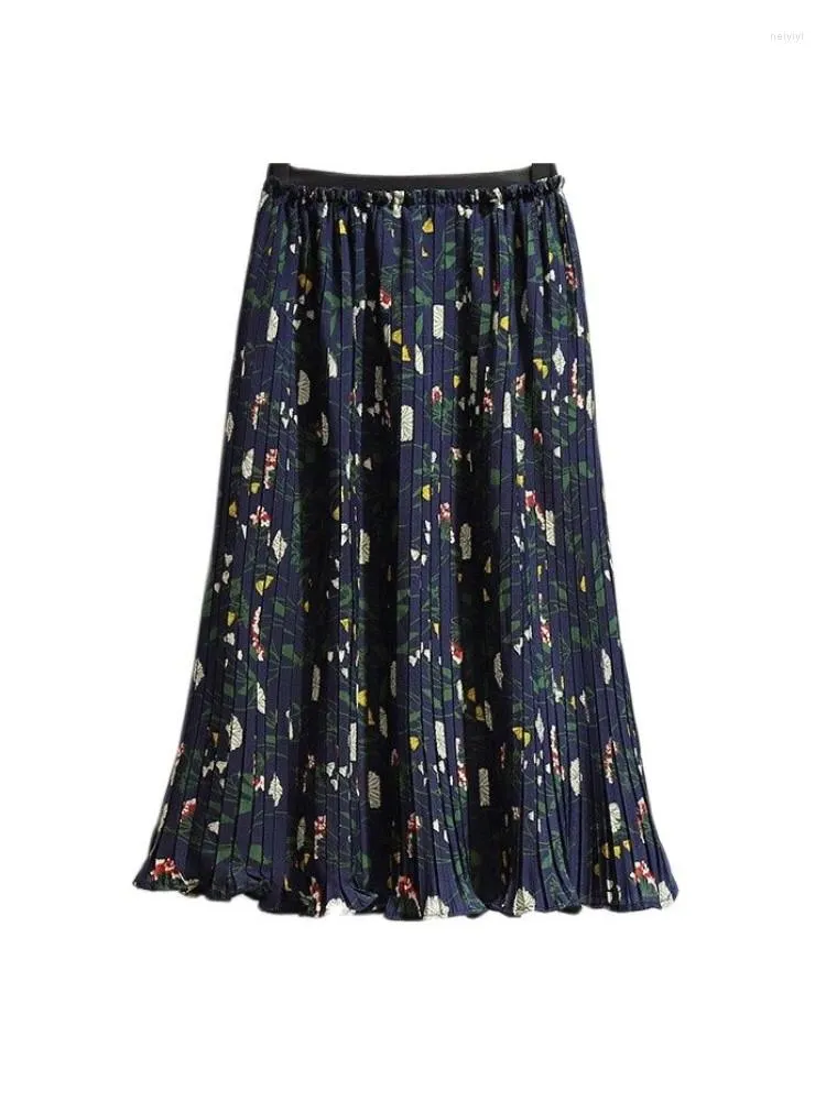 Skirts Women Spring Summer Midi-length Femme Floral Print Pleated Bottoms Elastic High Waist Elegant Skirt For Mujers