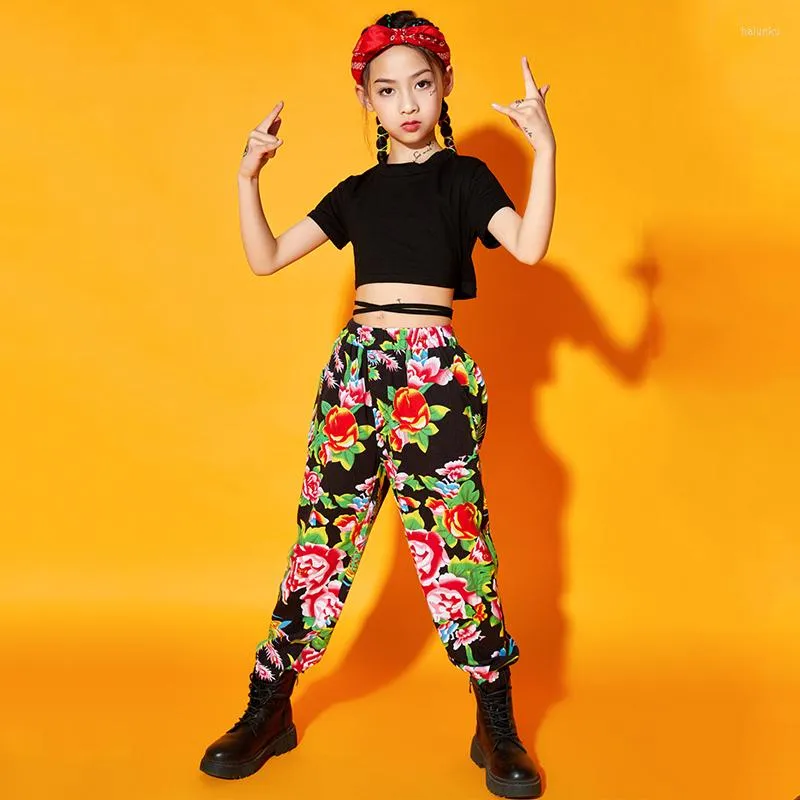 Stage Wear Girls Jazz Dancing Performance Kostuum Black Crop Tops Fashion Hip-Hop Pants Short Sheeves Summer Street Dance Suit BL6249