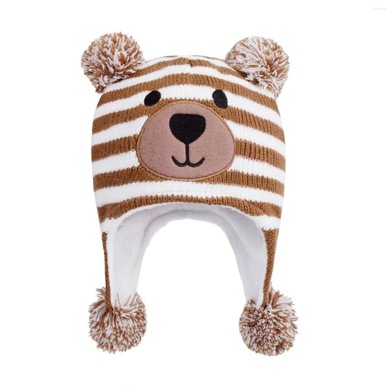 Berets Baby Winter Warm Trapper Hat 0.5-4Y Infant Toddler Cartoon Bear Stripes Double Pompom Snow Kids Fleece Lined Earflap Beanie