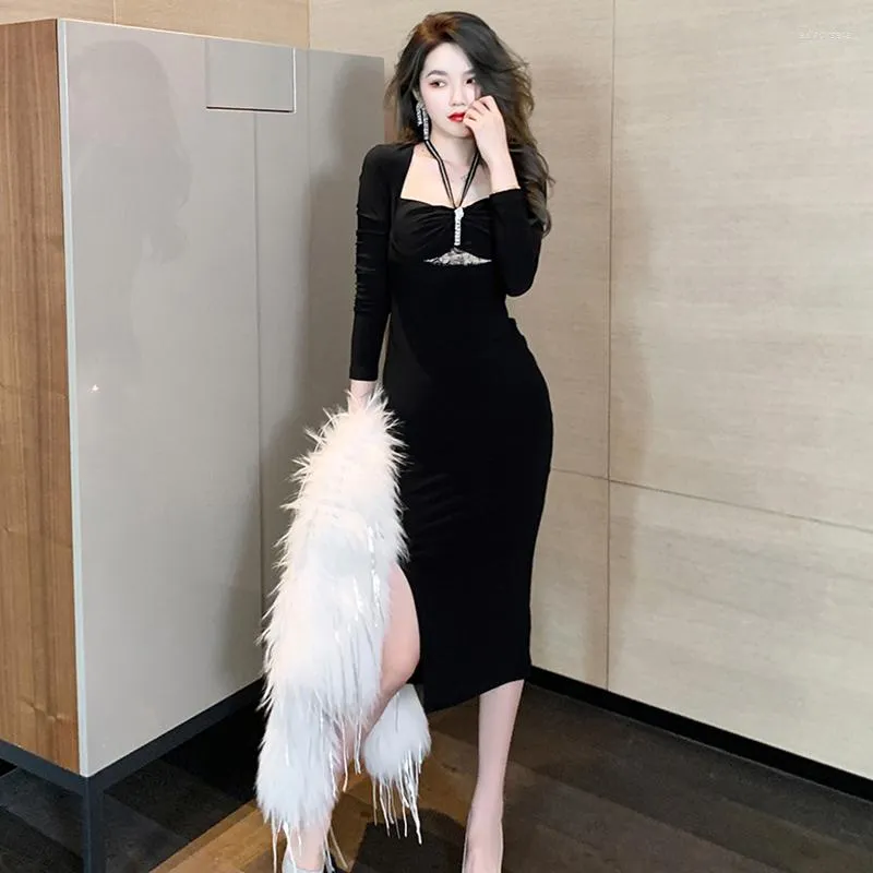 Casual Dresses Fashion Korean Women Vintage Square Collar Halter Midi Party Dress Elegant Street Clothes Coffee Break Black Female Slite