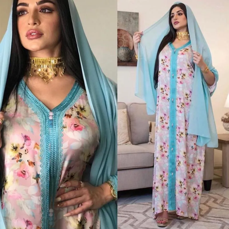 Etnik Kıyafet Pembe Çiçek Kadın Müslüman Hijab Abaya Eid Mübarek Maksi Elbise V-Neck Kaftan Robe Dubai Türk İslami Fas Boubou