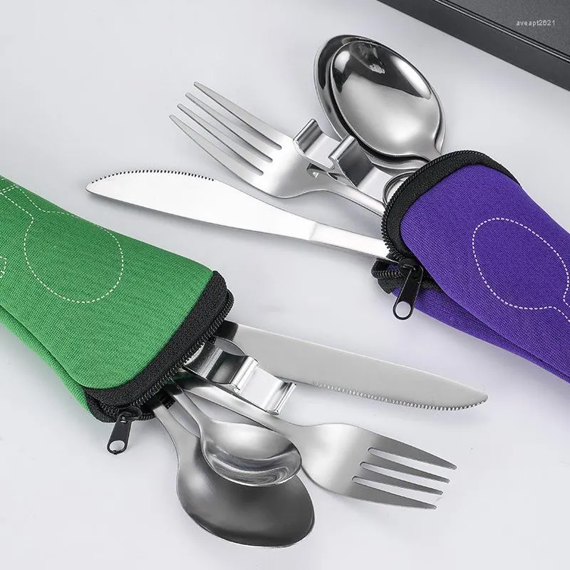 Conjuntos de talheres de conjunto de utensílios de jantar 4pcs/conjunto de aço faca garfo colher viagens em família portátil com saco de armazenamento tabela de mesa de piquenique