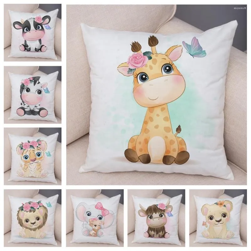 Kudde söt giraff lejon ko fodral dekor tecknad djurtryck täck mjuk plysch kudde för barn rum soffa hem